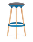 Via Joi Bar stool with Iron seat, Blue Poly trim, and wood base on a white background. Kansas City Office Design.