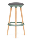 Via Joi Bar stool with Iron seat, green Poly trim, and wood base on a white background. Kansas City Office Design.