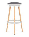 Via Joi Bar stool with Iron seat, white Poly trim, and wood base on a white background. Kansas City Office Design.