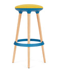 Via Joi Bar stool with Yellow seat, Blue Poly trim, and wood base on a white background. Kansas City Office Design.