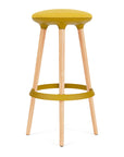 Via Joi Bar stool with Yellow seat, Gold Poly trim, and wood base on a white background. Kansas City Office Design.