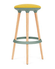 Via Joi Bar stool with Yellow seat, green Poly trim, and wood base on a white background. Kansas City Office Design.