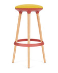 Via Joi Bar stool with Yellow seat, red Poly trim, and wood base on a white background. Kansas City Office Design.