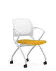 Front view of the 9to5 Zoom nesting chair in white frame and yellow fabric seat. Kansas City Office Design.
