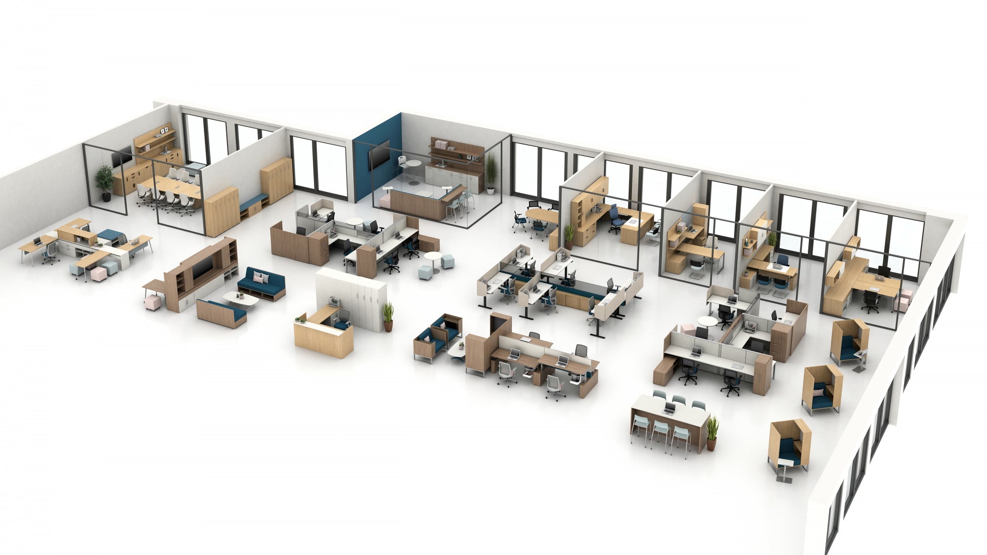 AIS 3D layout of an office with desks and partitions on a white background. Kansas City Office Furniture.