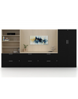 Modern entertainment console with shelves, drawers, and a painting on a white background. Kansas City Office Design.