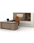 Modern office desk with chair and shelving unit on a white background. Kansas City Office Design.