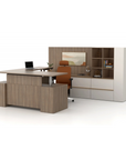 Modern office desk with chair and bookshelf on a white background. Kansas City Office Design.