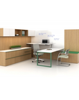 Modern office desk setup with wooden cabinets and white walls. Kansas City Office Design.