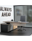 Enwork Cayman corporate office desk. Black and clear ash laminate. Height adjustable workstation positioned at sitting height with modesty panel. Executive desk with lower cabinets. Kansas City office furniture