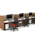 AIS Divi Panel six person Workstations with wood laminate privacy panels, corporate cubicle system. Slim mobile storage pedestals. Kansas City office furniture.