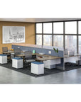 AIS Divi Panel six person L shaped Workstations, corporate cubicle system with mobile storage pedestals. City view office with natural light. Kansas City office furniture.