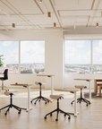 Modern office space with Humanscale mini float height adjustable desks, saddle stools, and large windows. Kansas City Office Design.