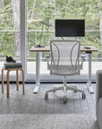 Home Office with a Humanscale World Chair with white mesh, white frame, back view – Kansas City Office Design