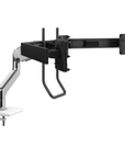 Humanscale M10 triple monitor arm with crossbar front view. Polished Aluminum. Kansas City Office Furniture.