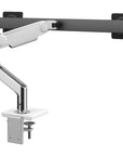 Humanscale M8.1 dual monitor arm in polished aluminum with crossbar back view.