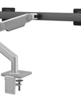 Humanscale M8.1 dual monitor arm in silver with crossbar back view.