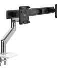 Humanscale M8.1 dual monitor arm in polished aluminum with crossbar front view.
