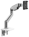 Humanscale M8.1 monitor arm in polished aluminum finish. Front view.