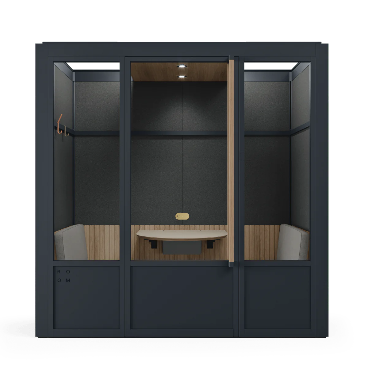 Meeting Room Phone Booth – Black Soundproof Office Pod with Glass Door and Seating. Kansas City Office Furniture