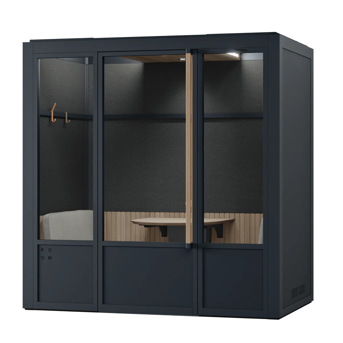 Meeting Room Phone Booth – Black Soundproof Office Pod with Glass Door and Seating. Kansas City Office Furniture