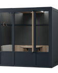 Meeting Room Phone Booth – Black Soundproof Office Pod with Glass Door and Seating. Kansas City Office Furniture
