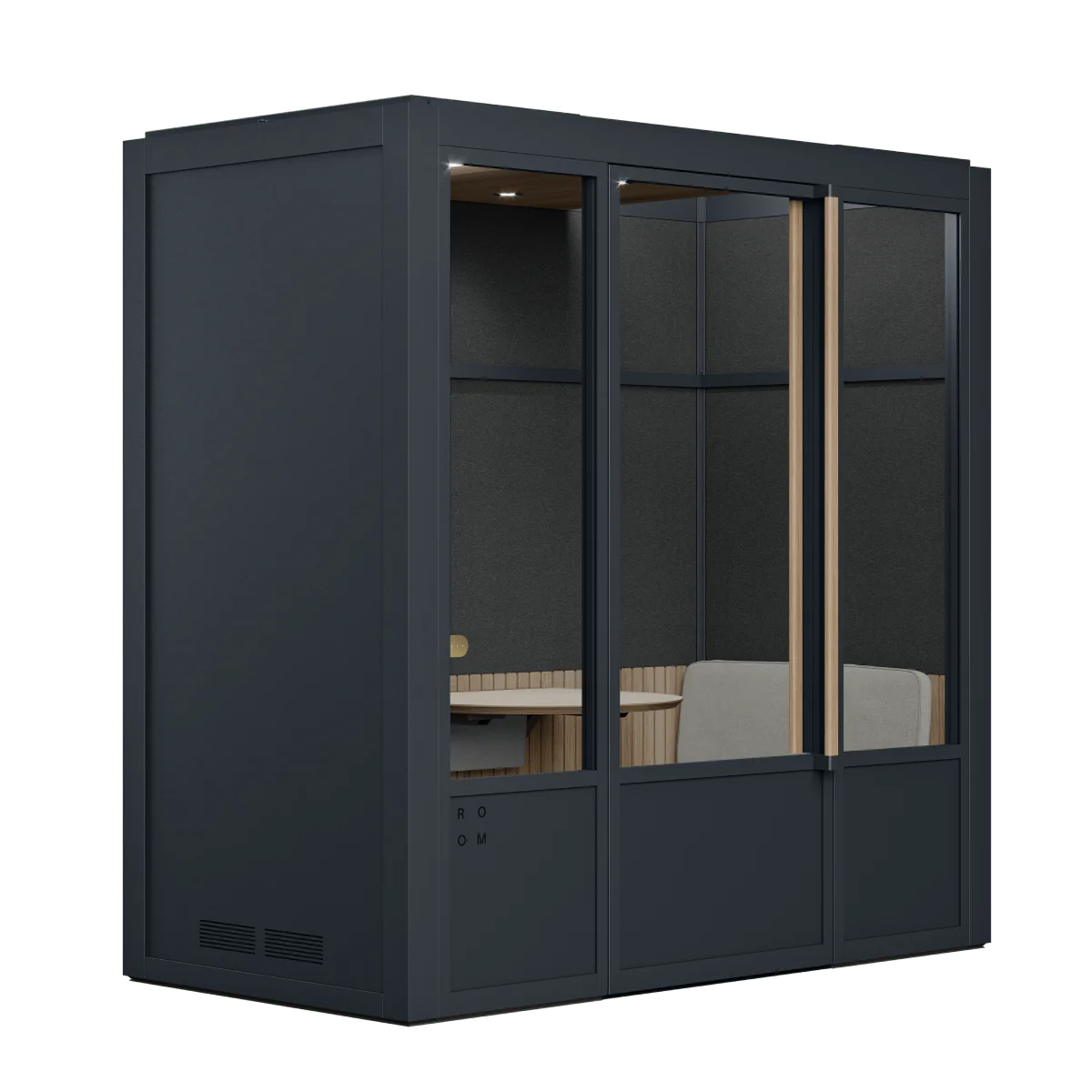 Meeting Room Phone Booth – Black Soundproof Office Pod with Glass Door and Seating. Kansas City Office Furniture
