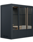 Meeting Room Phone Booth – Black Soundproof Office Pod with Glass Door and Seating. Kansas City Office Furniture