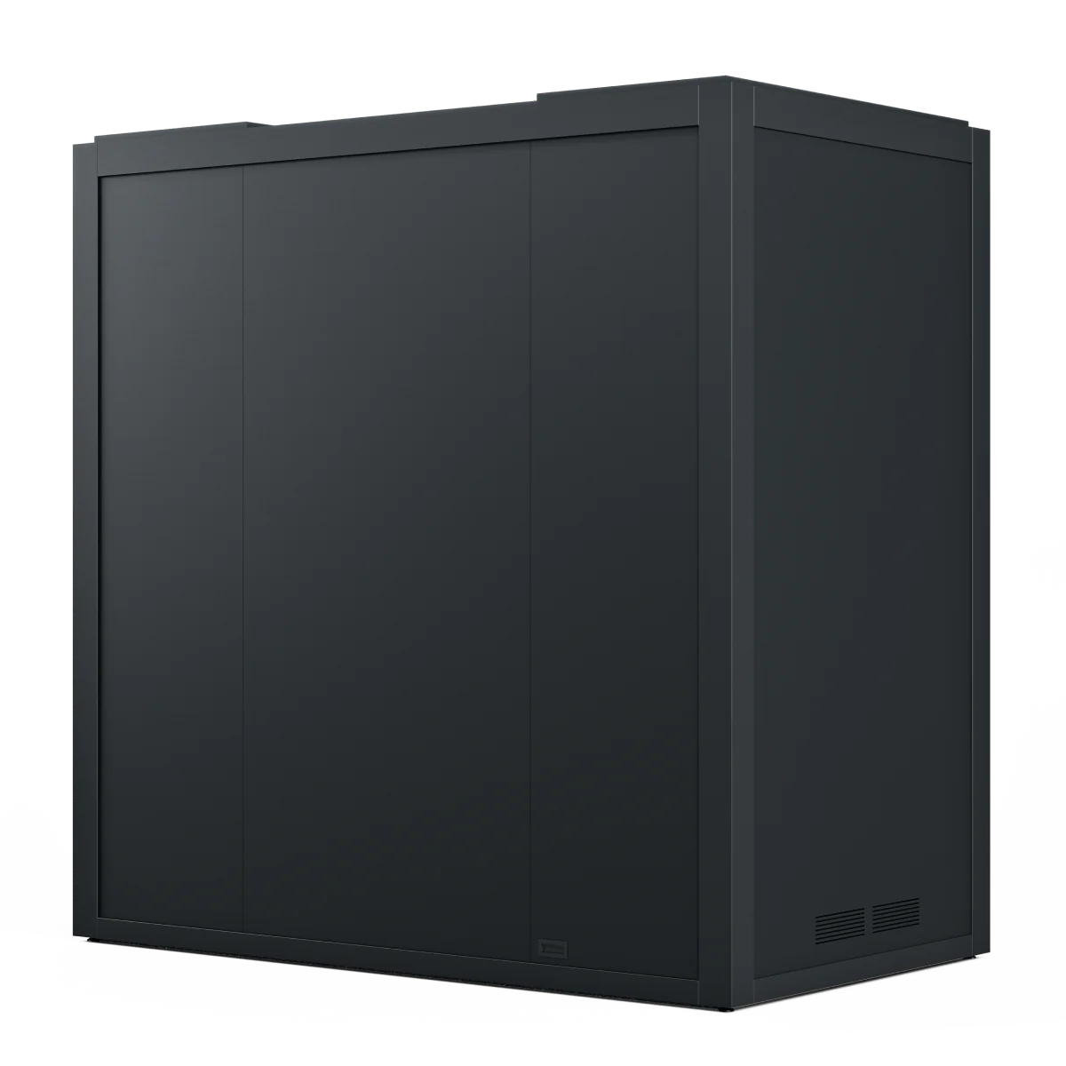 Back of Meeting Room Phone Booth – Black Soundproof Office Pod with Glass Door and Seating. Kansas City Office Furniture