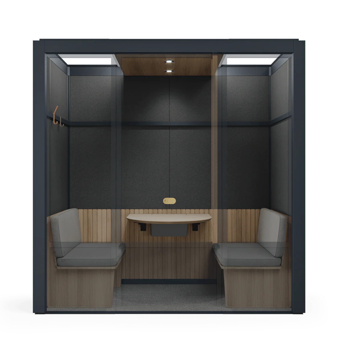 Inside of Meeting Room Phone Booth – Black Soundproof Office Pod with Glass Door and Seating. Kansas City Office Furniture