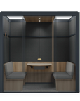 Inside of Meeting Room Phone Booth – Black Soundproof Office Pod with Glass Door and Seating. Kansas City Office Furniture