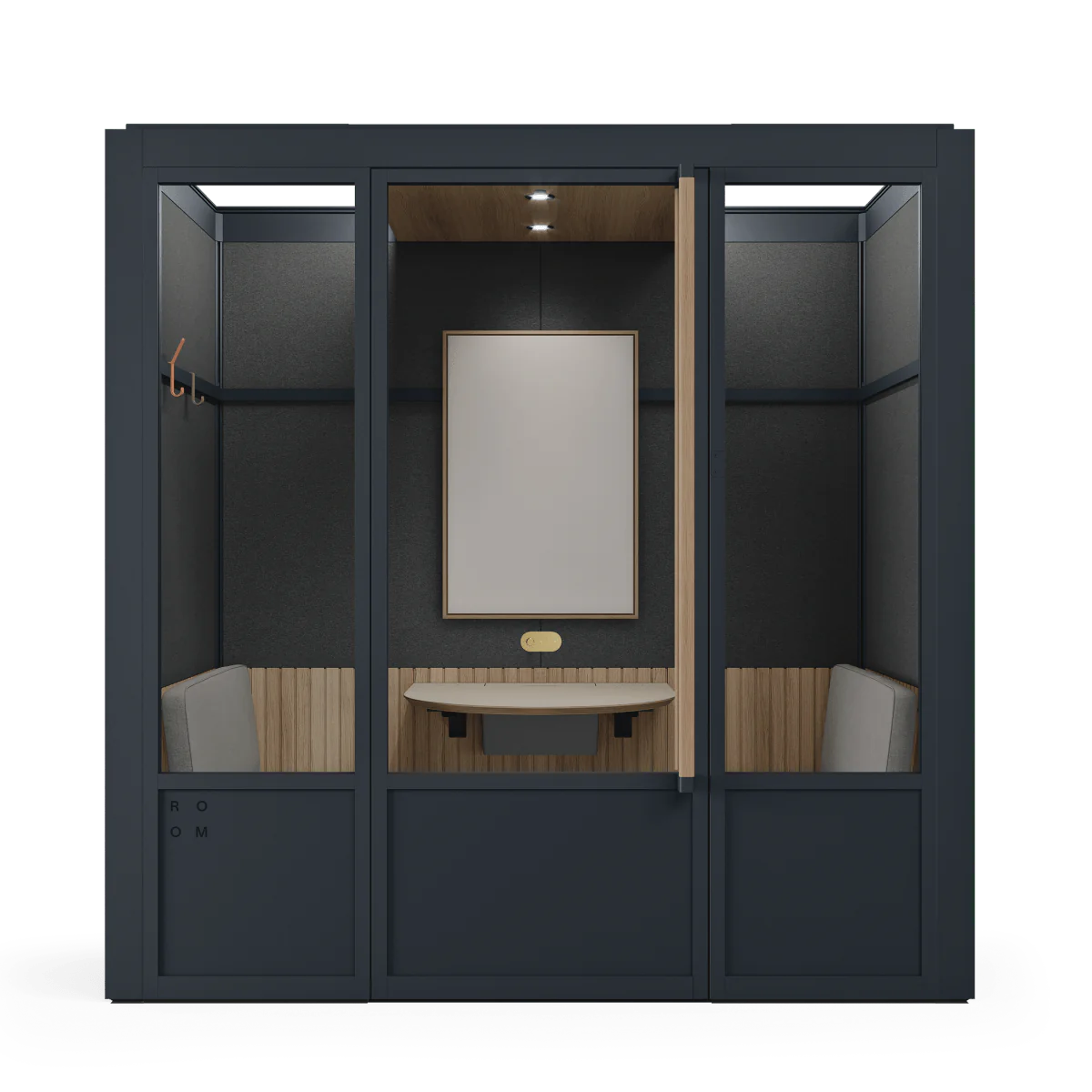 Meeting Room Phone Booth – Black Soundproof Office Pod with Glass Door, whiteboard and Seating. Kansas City Office Furniture