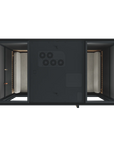 Top view of Meeting Room Phone Booth, showing the ventilation. Black Soundproof Office Pod with Glass Door and Seating. Kansas City Office Furniture