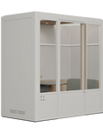Meeting Room Phone Booth – White Soundproof Office Pod with Glass Door and Seating. Kansas City Office Furniture