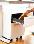Person placing a book into a mobile pedestal from SitOnIt Home collection under a height adjustable desk. Kansas City Office Furniture.