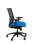 Side view of the SitOnIt Novo Desk Chair in Black Mesh with Blue Fabric Seat and black frame – Adjustable Ergonomic Chair by Kansas City Office Design