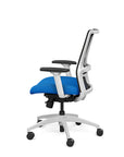 Side view of the SitOnIt Novo Desk Chair in Black Mesh with Blue Fabric Seat and white frame – Adjustable Ergonomic Chair by Kansas City Office Design