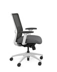 Side view of the SitOnIt Novo Desk Chair in Black Mesh with grey Fabric Seat and white frame – Adjustable Ergonomic Chair by Kansas City Office Design