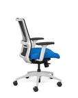 Side view of the SitOnIt Novo Desk Chair in Black Mesh with Blue Fabric Seat and white frame – Adjustable Ergonomic Chair by Kansas City Office Design