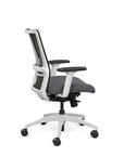 Side view of the SitOnIt Novo Desk Chair in Black Mesh with grey Fabric Seat and white frame – Adjustable Ergonomic Chair by Kansas City Office Design
