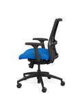 Side view of the SitOnIt Novo Desk Chair in Black Mesh with Blue Fabric Seat and black frame – Adjustable Ergonomic Chair by Kansas City Office Design