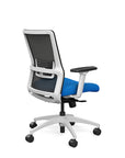 Side view of the SitOnIt Novo Desk Chair in Black Mesh with Blue Fabric Seat and white frame – Adjustable Ergonomic Chair by Kansas City Office Design