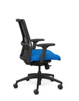 Side view of the SitOnIt Novo Desk Chair in Black Mesh with Blue Fabric Seat and black frame – Adjustable Ergonomic Chair by Kansas City Office Design