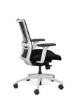 Side view of the SitOnIt Novo Desk Chair in Black Mesh with Black Fabric Seat and white frame – Adjustable Ergonomic Chair by Kansas City Office Design
