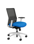 Side view of the SitOnIt Novo Desk Chair in Black Mesh with Blue Fabric Seat and white frame – Adjustable Ergonomic Chair by Kansas City Office Design