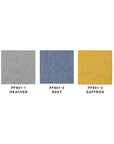 Friant Pog II Ottoman color swatches in heather grey, navy blue, and saffron yellow. Kansas City office furniture.