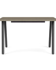 Front view of the SitOnIt Reya Office Desk with Angled Metal Legs. The legs are black with a Sandalwood top. Kansas City Office Furniture