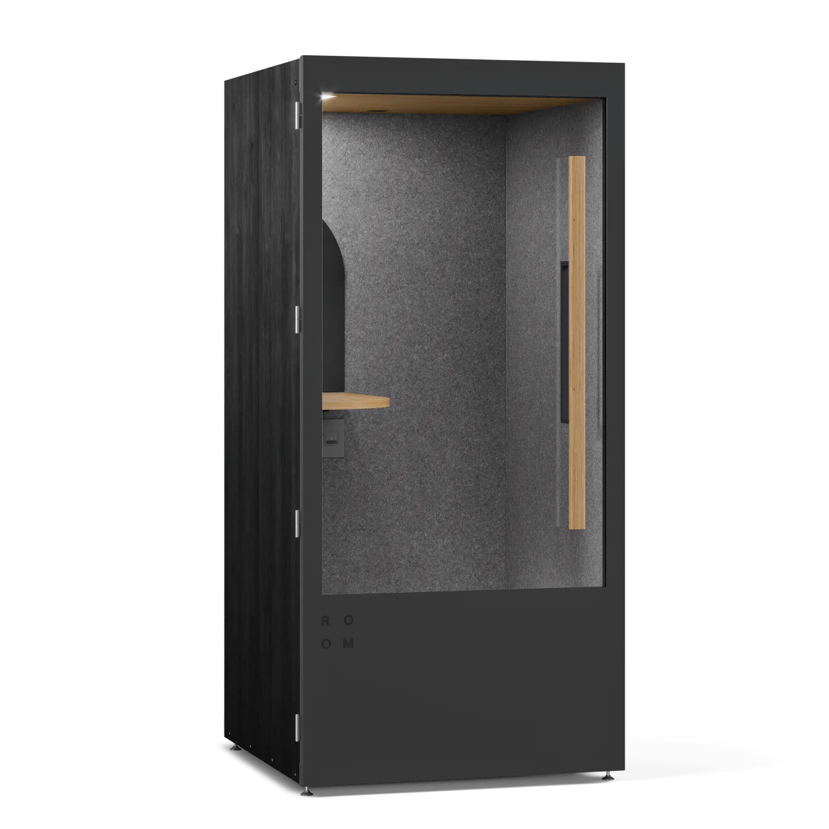 Black Room Phone Booth, soundproof privacy pod with built-in desk. Kansas City Office Furniture