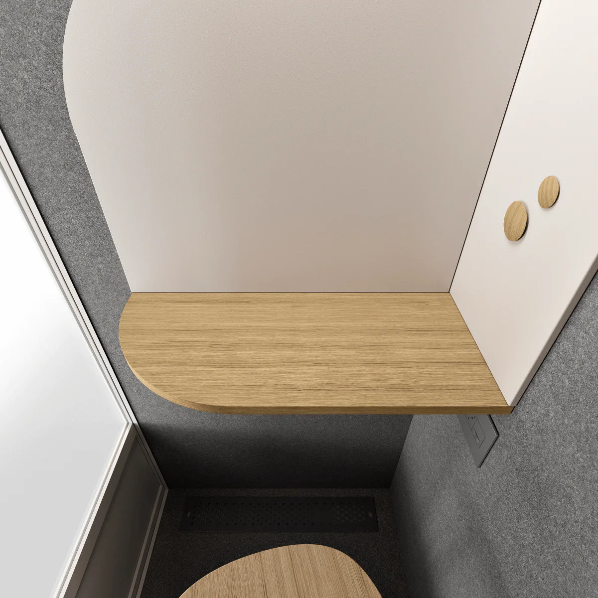 Inside view of a White Room Phone Booth, a soundproof privacy pod with a built-in desk. Kansas City Office Furniture