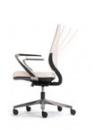 Motion Tilt of the Auburn Conference Chair with Ivory fabric seat and back, polished aluminum frame. Ergonomic Desk chair. Kansas City, Missouri.